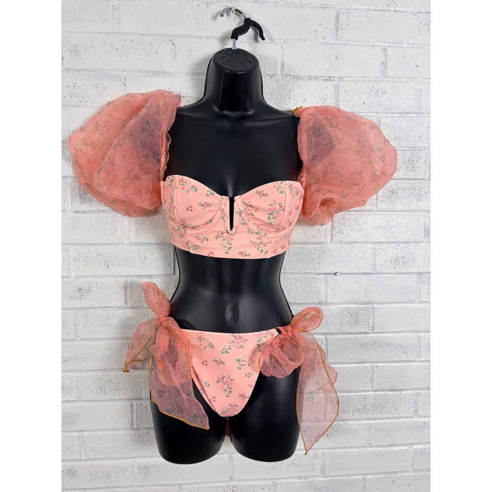 Sugar Thrillz Royal Gardens Bikini Womens XS Pink Floral Puff Sleeve Tie Sides